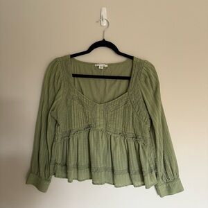 Olive Green American Eagle Outfitters Long Sleeve Baby Doll Lace Top